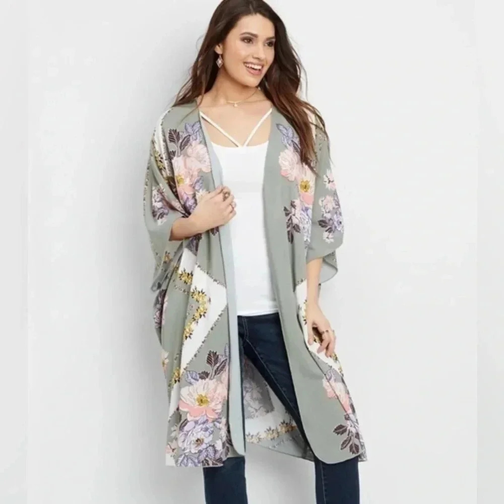 Maurices | Grey Floral Bohemian Open Front Kimono Cardigan Oversized Size S / M